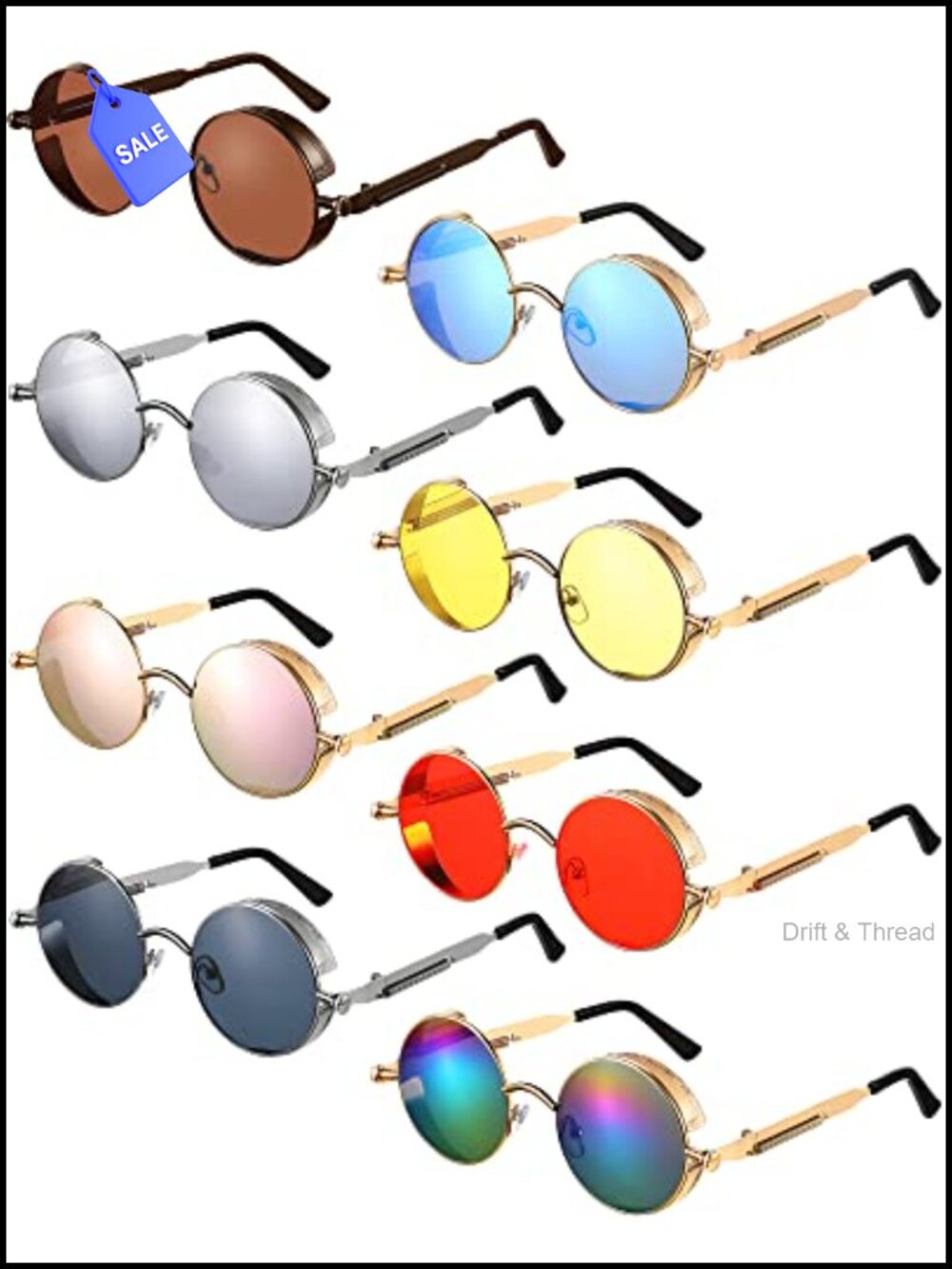 8 Pcs Retro Round Steampunk Sunglasses Metal Frame Unisex Victorian